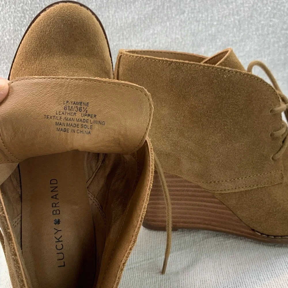 Lucky Brand Yamene Suede Wedge Ankle‎ Booties Heeled Lace-up Boot Khaki Size 6 M